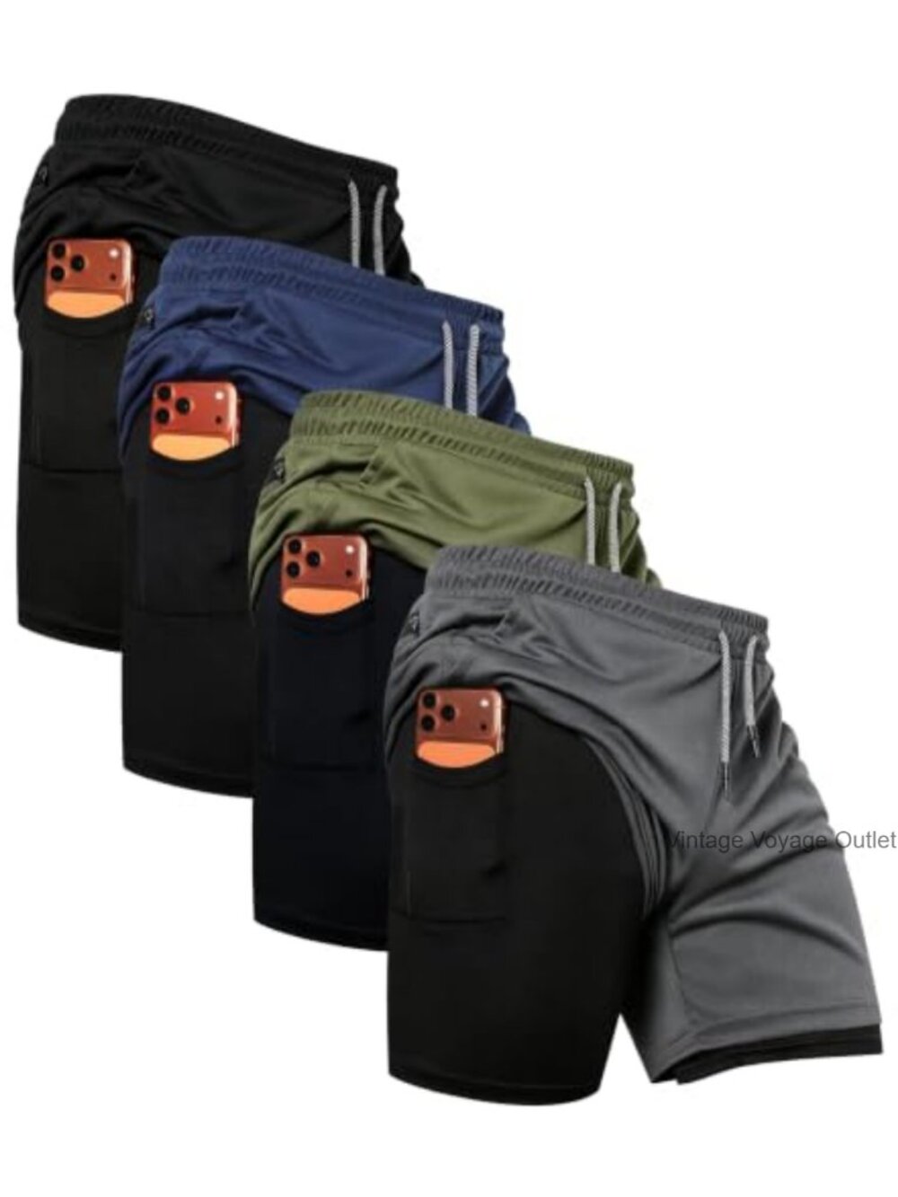 Men's 2-in-1 Running Shorts with Liner, 4 Pockets, 4 Pack